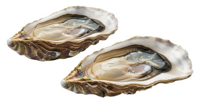 Two opened fresh oysters displaying moist flesh and textured shells against a black backdrop ready to isolate seafood shellfish raw gourmet delicacy food transparent background