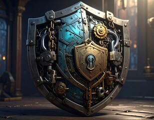 Steampunk style shield with gears and a keyhole, resting on a floor