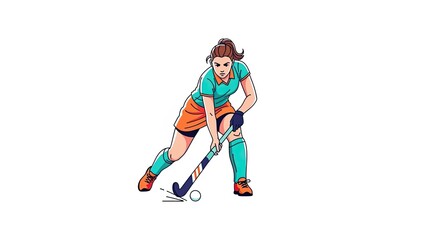 Female Field Hockey Player in Action with Stick and Ball.