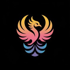 minimalist phoenix logo with a black background. Use flowing lines in yellow and pink plum to depict the phoenix's head and crest, with bright yellow ovals for the eyes. Add blue and purple  color 