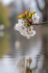 The reflection of cherry blossoms on calm waters creates a peaceful ambiance, symbolizing the beauty of nature during the spring season, making it a haven for nature enthusiasts