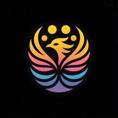 a minimalist phoenix logo with a black background. Use flowing lines in gold and red to depict the phoenix's head and crest, with bright yellow ovals for the eyes. Add blue clr and purple wave-like