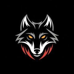 stylized wolf logo on a black background, with curved lines in gray and white, glowing amber triangles for eyes, and red and orange streaks