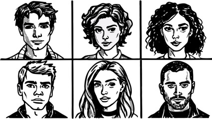 Very beautiful, 6 avatars in grid layout, hand-drawn illustration style, solid black ink like rapidograph pen, young adults (20–30 years old), mix of male and female, diverse hairstyles, monochrome 