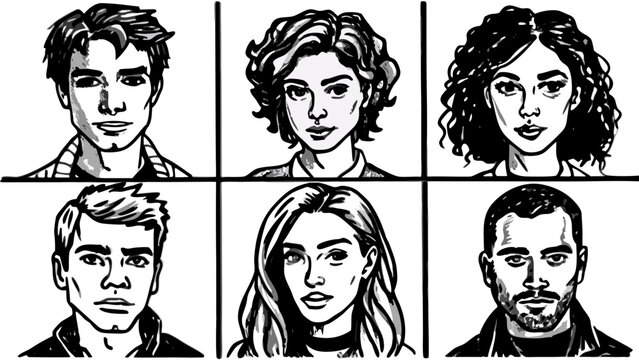 Very beautiful, 6 avatars in grid layout, hand-drawn illustration style, solid black ink like rapidograph pen, young adults (20&ndash;30 years old), mix of male and female, diverse hairstyles, monochrome 