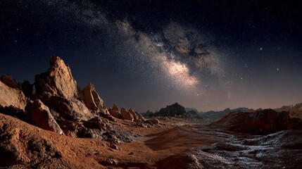 Vast alien landscape under a brilliant Milky Way galaxy with rugged red terrain and distant mountains