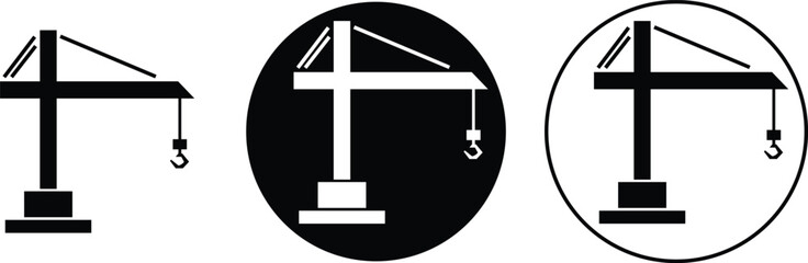 Crane icons set in flat design. Construction equipment silhouette, heavy lifting industrial machinery symbol and building site engineering tool vectors illustration isolated on transparent background.