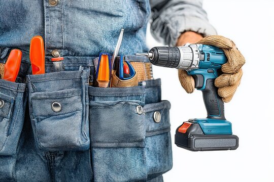 Repairman in safety glasses and tool belt holding drill isolated on white background