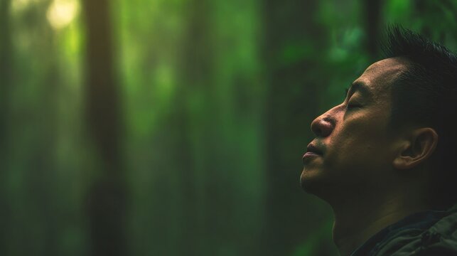 Reconnecting with the natural world through forest bathing and breathing in fresh air to revitalize physical and mental well-being, relaxation, and peaceful isolation