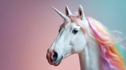 Close-up portrait of white unicorn with pastel rainbow mane on gradient background, magical fantasy animal concept