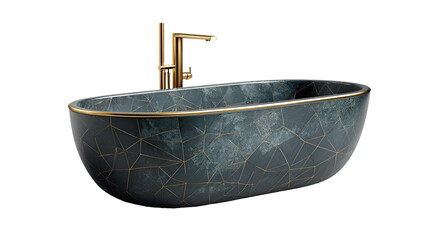 Elegant oval bathtub with gold faucet isolated on transparent background