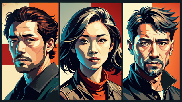 Very beautiful, 6 avatars in grid layout, hand-drawn illustration style, solid black ink like rapidograph pen, young adults (20&ndash;30 years old), mix of male and female, diverse hairstyles, monochrome 