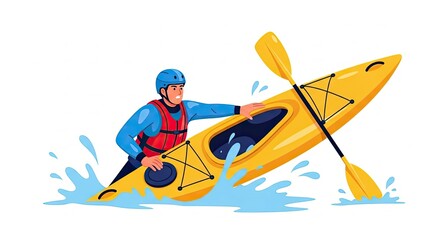 Kayaker paddling in yellow kayak with paddle and water splashes.