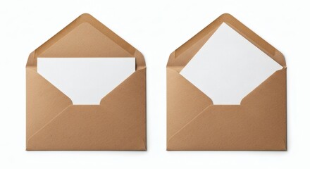 Open Brown Envelopes Blank White Card with Isolated Invitation Mockup.