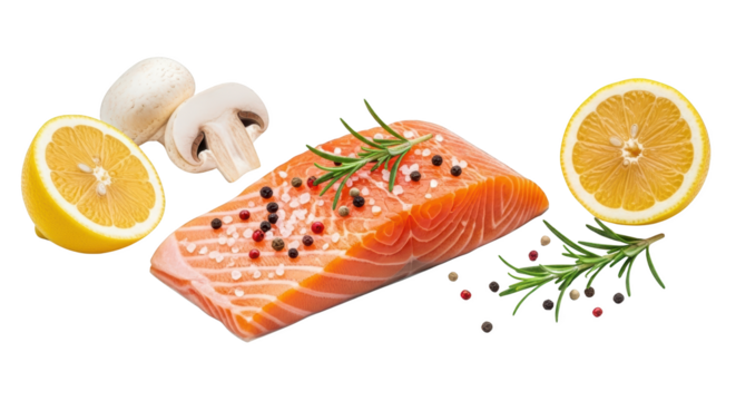 Raw salmon fillet seasoned with salt and peppercorns with mushrooms lemon slices and rosemary sprigs isolate Fish Seafood Ingredient Food Fresh Healthy