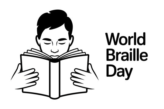 minimalist black and white design for accessibility celebration with reader icon and tactile writing system theme