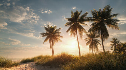Tropical palm trees at sunset on sandy beach with golden light and blue sky, peaceful summer landscape