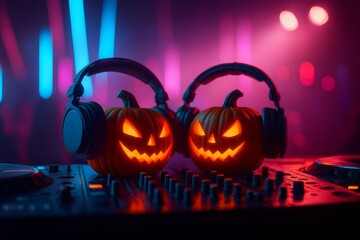 Halloween disco pumpkins with headphones glowing under colorful party lights, creating a vibrant and festive nightclub atmosphere