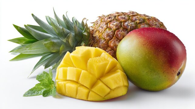 Juicy ripe mango and fresh pineapple with mint leaves create a vibrant tropical fruit display perfect for healthy eating