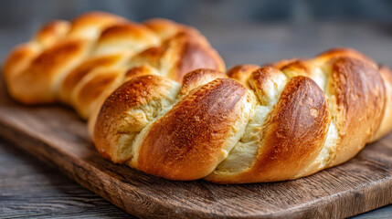 Freshly baked braided bread with golden crust on a wooden board, home artisan bakery close-up