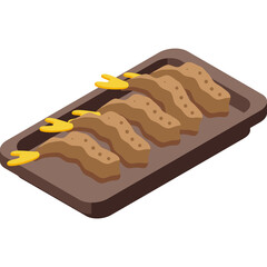 Isometric view of six brown fried shrimp arranged on a dark brown rectangular plate with yellow tails against a transparent background food illustration