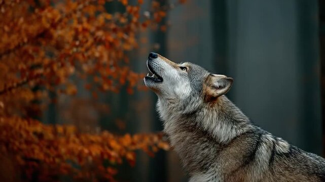 A gray wolf in a forest howls upward, framed by orange autumn foliage in background