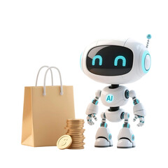 3D cute AI robot holding shopping and discount elements, representing online shopping, sales, and promotion concepts, isolated on png file.