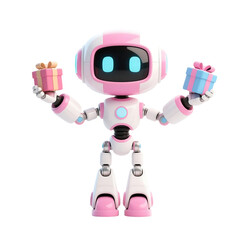 3D cute AI robot holding shopping and discount elements, representing online shopping, sales, and promotion concepts, isolated on png file.
