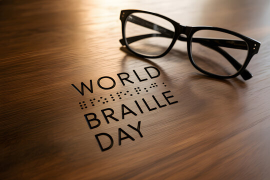 world braille day text with tactile dots printed on wooden surface next to black eyeglasses promoting accessibility