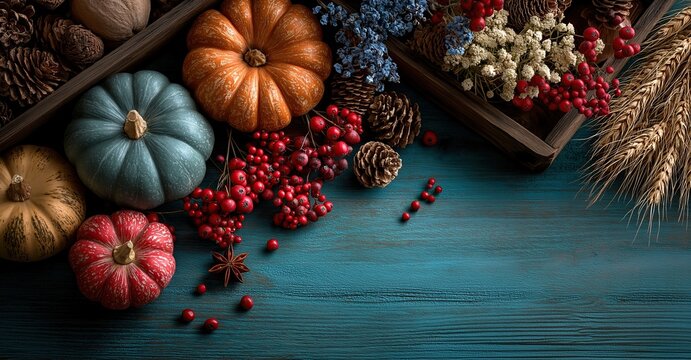 Blue wooden table with pumpkins red berries and wheat arranged around a central empty space for text against a dark teal background