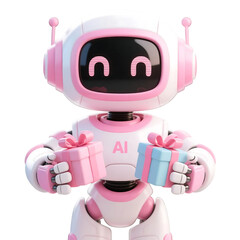 3D cute AI robot holding shopping and discount elements, representing online shopping, sales, and promotion concepts, isolated on png file.