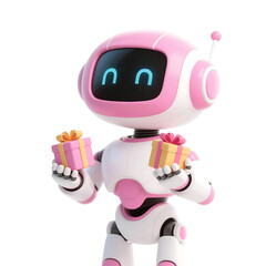 3D cute AI robot holding shopping and discount elements, representing online shopping, sales, and promotion concepts, isolated on png file.