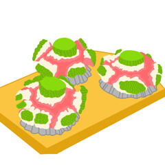 Illustration of Kue Bikang or Carabikang, a popular traditional Indonesian sweet cake (jajanan pasar). The colorful cake is made from rice flour, coconut milk, and sugar