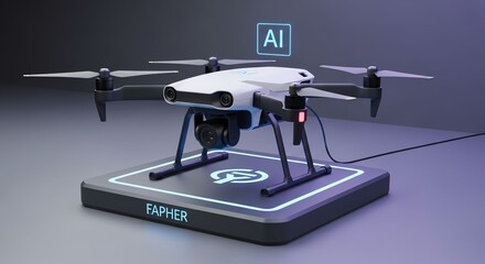 Modern White Drone with Four Rotors and Ai Technology on Charging Platform