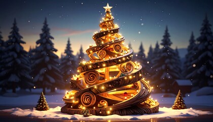 A stylized wooden Christmas tree with ornaments, lights, and snow