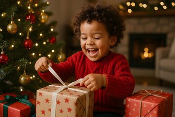 A joyful child in a red sweater laughs with pure excitement while unwrapping a Christmas present under a decorated tree