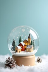 A charming miniature winter village with glowing houses and snowy trees is encased in a crystal-clear snowglobe