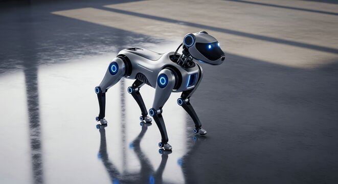Futuristic Robot Dog with Sleek Silver Body and Blue Lights in Modern Indoor Environment