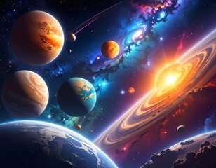 A vibrant cosmic scene featuring planets, nebulae, and a bright star