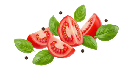 Sliced Ripe Tomatoes Fresh Basil Leaves And Peppercorns Scattered Transparent Background Isolate Black Pepper Spice Ingredient Food Healthy Organic Vegetable