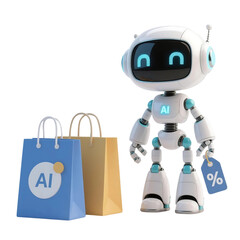 3D cute AI robot holding shopping and discount elements, representing online shopping, sales, and promotion concepts, isolated on png file.