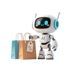 3D cute AI robot holding shopping and discount elements, representing online shopping, sales, and promotion concepts, isolated on png file.