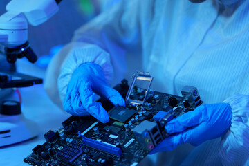 Close-up concept of semiconductor or microchip, technology development, electronics industry,...