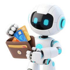 3D cute AI robot holding shopping and discount elements, representing online shopping, sales, and promotion concepts, isolated on png file.