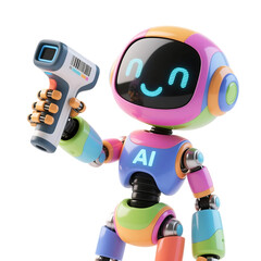 3D cute AI robot holding shopping and discount elements, representing online shopping, sales, and promotion concepts, isolated on png file.