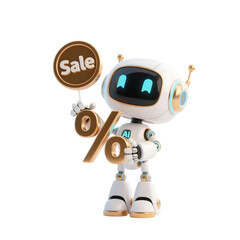 3D cute AI robot holding shopping and discount elements, representing online shopping, sales, and promotion concepts, isolated on png file.