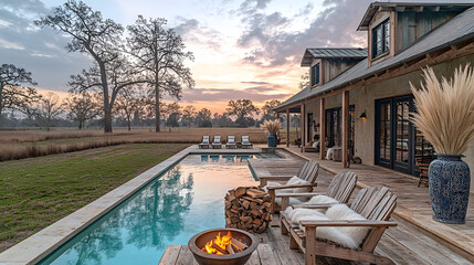Rustic chic poolside lounge with reclaimed wood, fire pit, and sunset view. Perfect for relaxation and outdoor gatherings in serene landscape