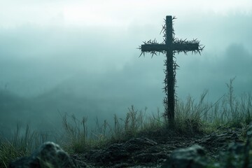 Obraz premium Cross adorned with thorns stands on a misty hill, capturing a moment of quiet reflection and spiritual contemplation in an atmospheric landscape setting