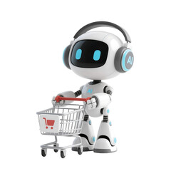 3D cute AI robot holding shopping and discount elements, representing online shopping, sales, and promotion concepts, isolated on png file.