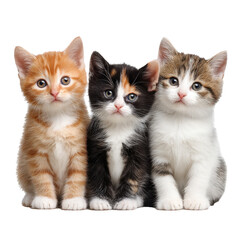 Three kittens in a row png cats png feline png pets png cute png sitting png whiskers png domestic png fluffy png portrait png transparent background image